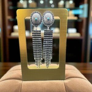 Atipi‎ Silver Tone Turquoise Concho Fringe Dangle Earrings Boho Cowgirl Rodeo